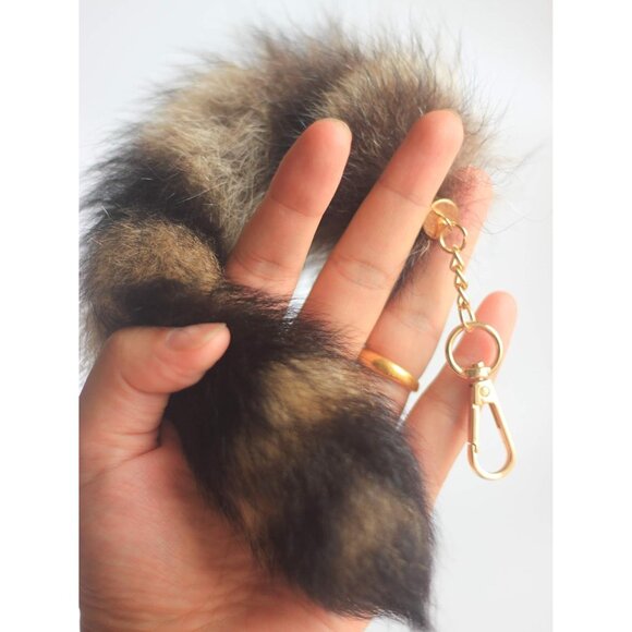 ⚡2 pcs 25cm length Authentic America Raccoon Tail Fur Handbag Chain Ring Hook - Picture 4 of 9